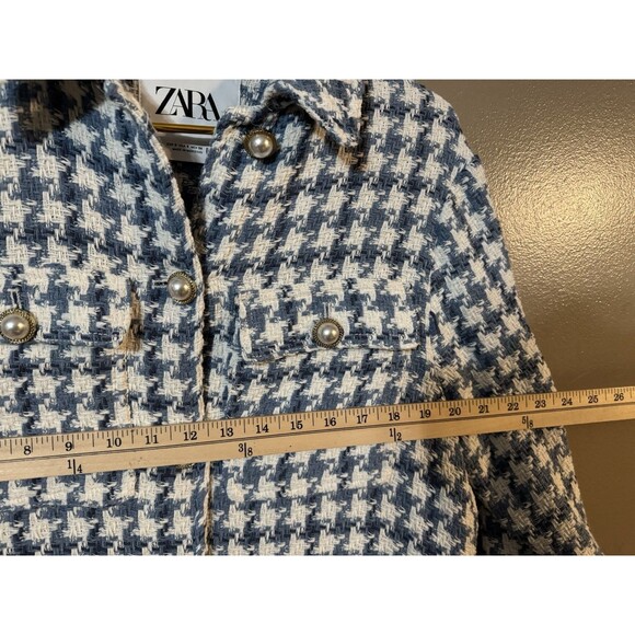 Zara Women's Size S White Blue Tweed Faux Pearl Button Blazer Jacket - Picture 5 of 8